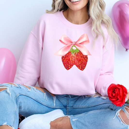 Strawberry Bow Delight: Coquette Style Sweatshirt